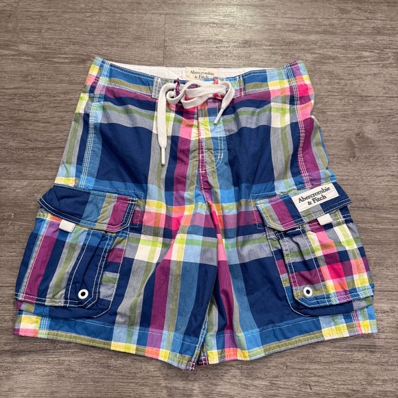 Abercrombie & Fitch Swim Trunks Mens Small Plaid Cargo Board Shorts Lined Madres - Picture 1 of 11